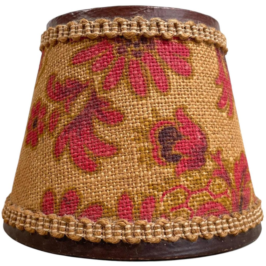 Vintage French Brown Red Small Lampshade Desk Bedside Lamp Shade Material Fringed Hessian Design circa 1970's