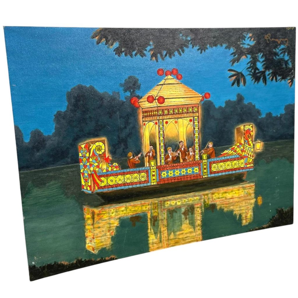 Vintage French "La Pagoda" Acrylic Painting On Art Board Wall Decor Decoration Pagoda Inspired Art By Roger Pagny c1970-80's