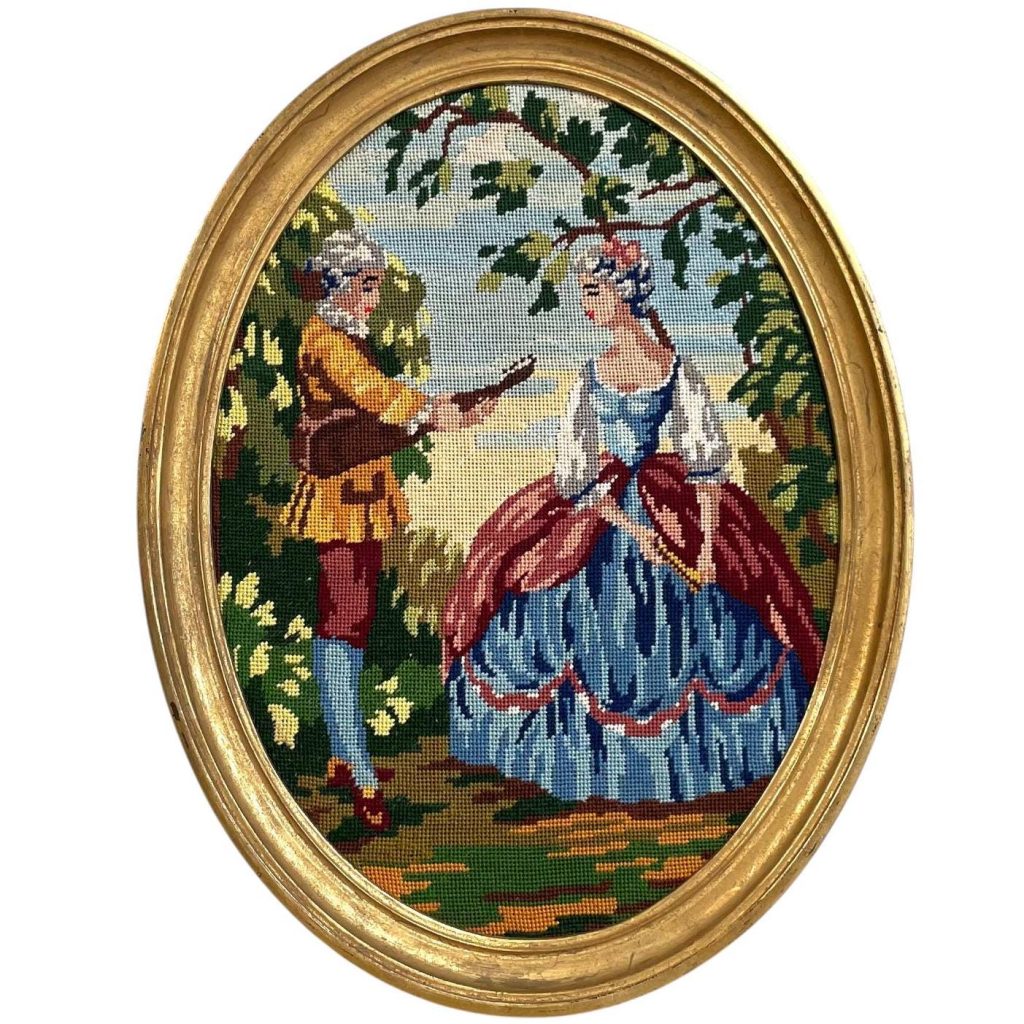 Vintage French Framed Cross Stitch Tapestry Wall Hanging Picture Lute Player Gift Present Art Craft c1970's