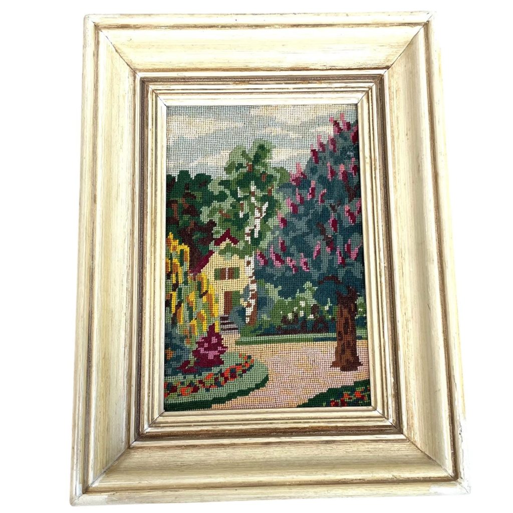 Vintage French Framed Cross Stitch Tapestry Wall Hanging Picture House Garden In Summer Gift Present Art Craft c1970's