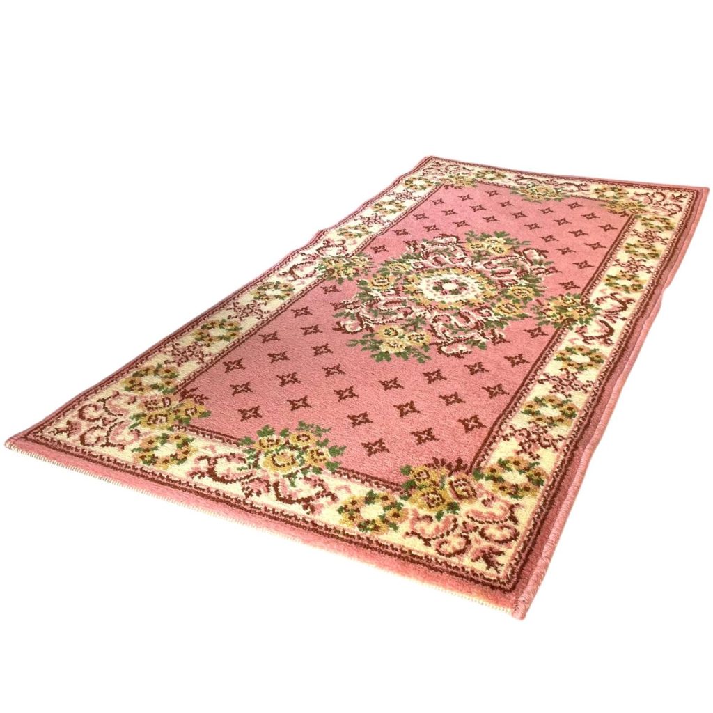 Vintage French Pink Red Green Rug Carpet Floor Covering Decor Display Prop France circa 1980-90's