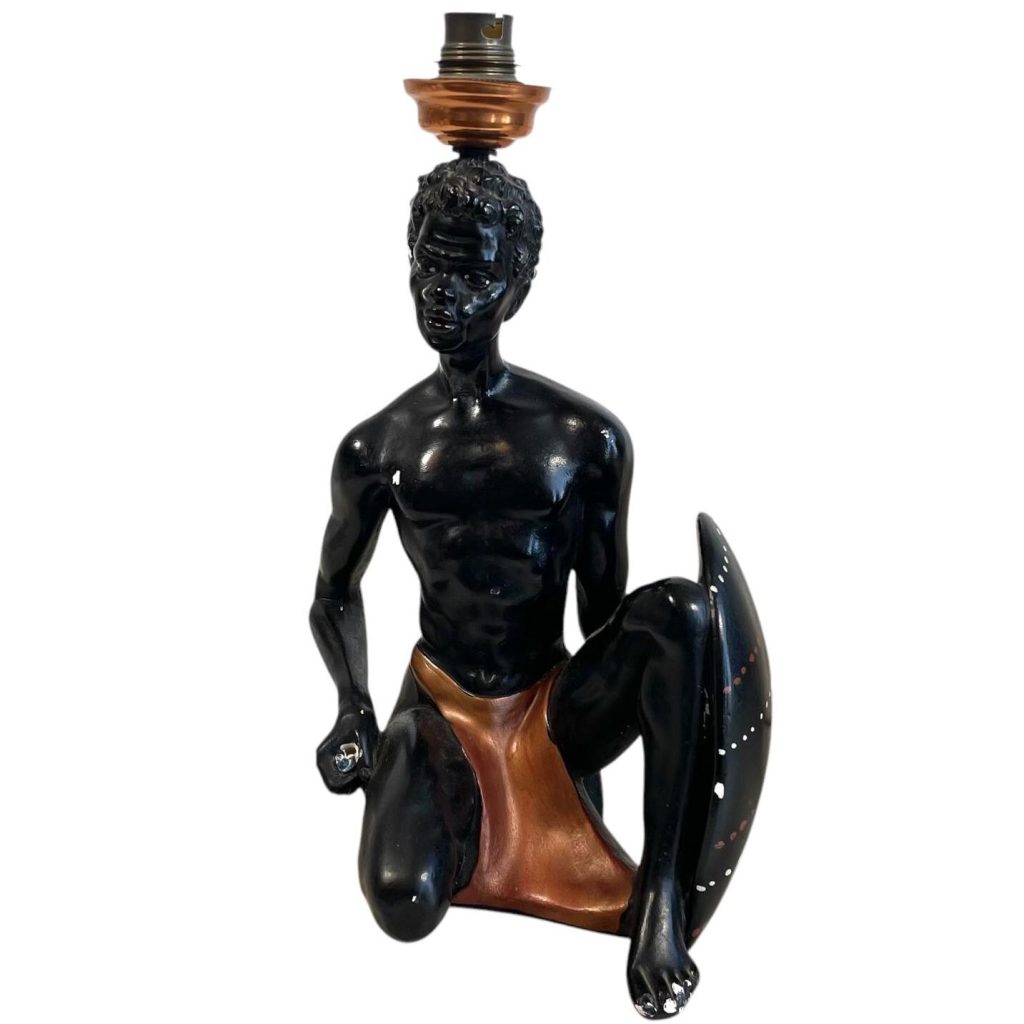 Vintage French Plaster African Hunting Man Table Standing Electric Lamp Period Lighting Prop Display c1950-60's