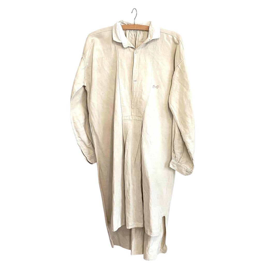 Antique French Nightgown beige Linen I G Monogrammed size Medium Large handstitched circa 1910-20s