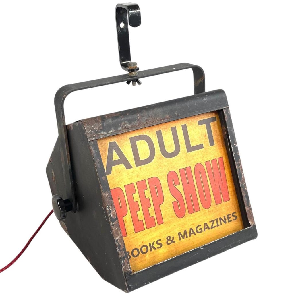 Vintage English Adapted Upcycled Adult Peep Show Sex Shop Advertising Electric Light Theatre Hanging Or Desktop Studio Lamp c1970's