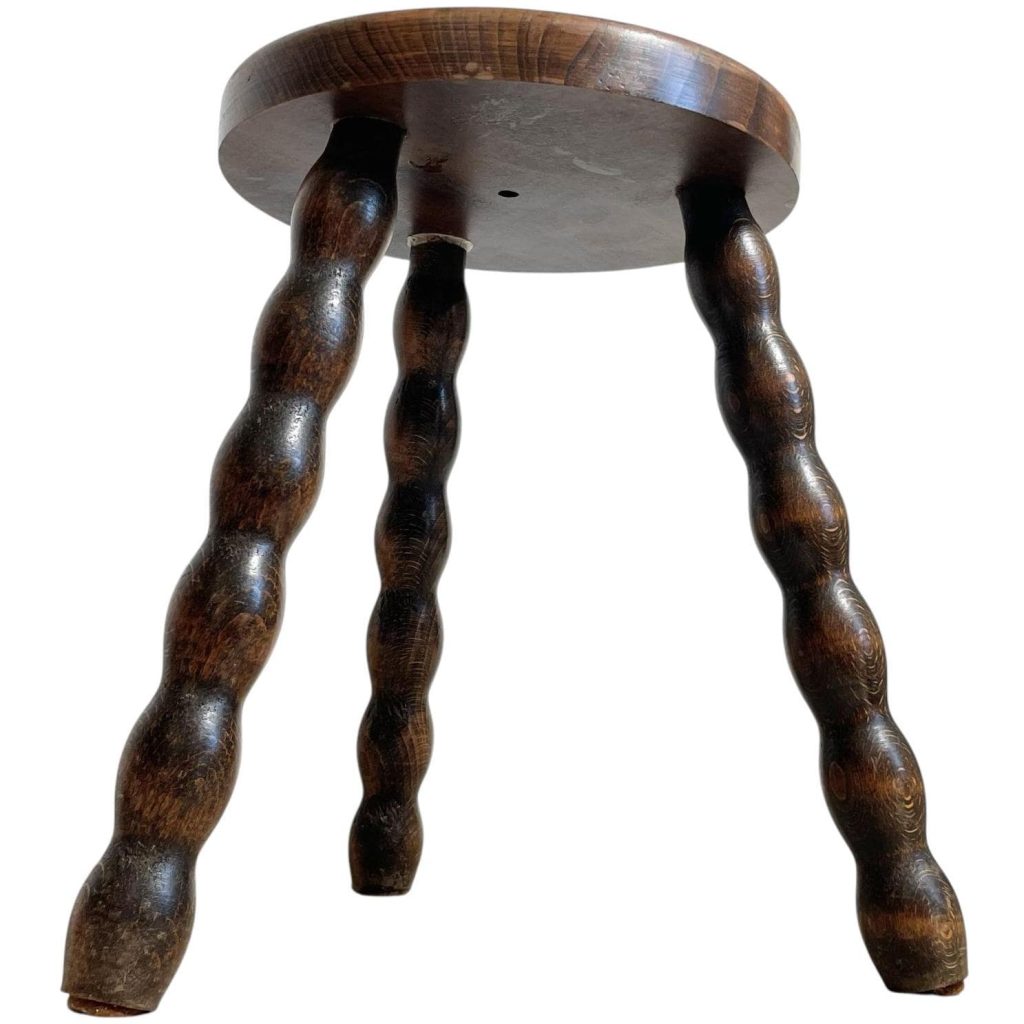 Vintage French Varnished Wood Tripod Tabouret Plant Stand Plinth Display Wooden Round Shaped Bobbin Leg c1970's