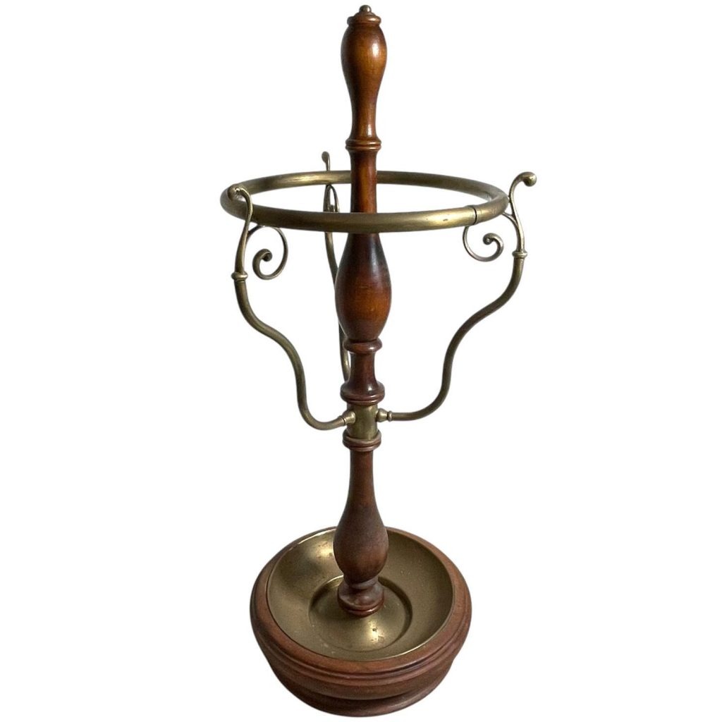 Vintage French Ornate Wood Brass Hallway Walking Stick Umbrella Stand circa 1970's