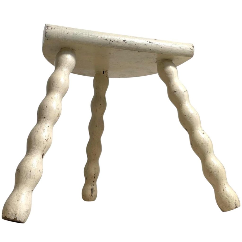 Vintage French Painted White Tripod Stool Chair Seat Wooden Milking D Shaped Seat Bobbin Leg Rest Stand Plinth Tabouret c1960's