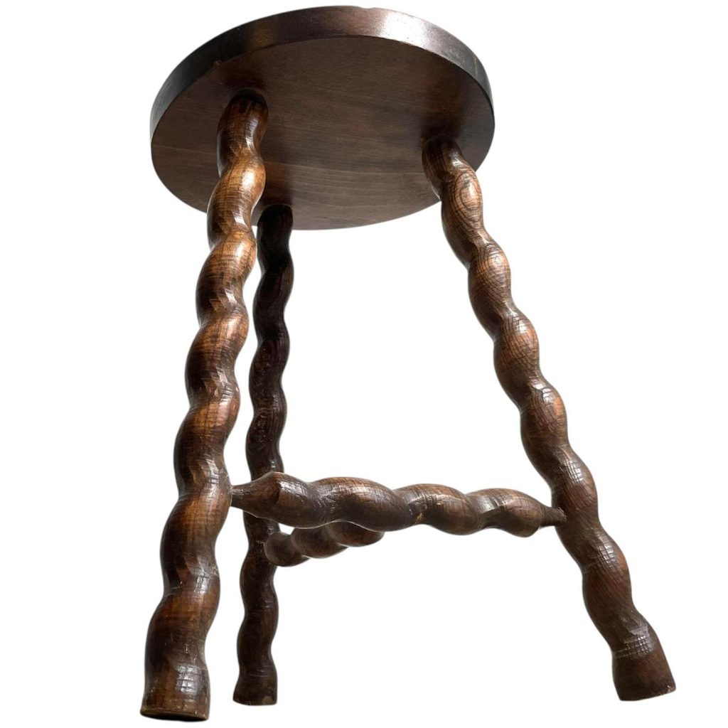 Vintage French Tripod Braced Stool Chair Varnished Wood Milking Round Seat Twist Spiral Leg Rest Stand Plinth Tabouret c1960's