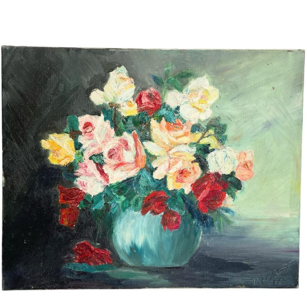 Vintage French Still Life Roses Floweres Art Oil Painting On Canvas c1968