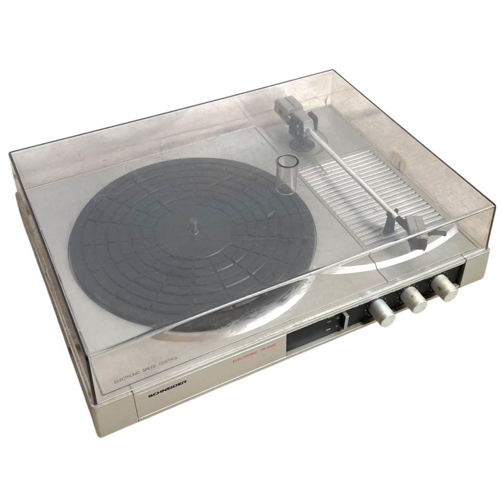 Vintage German Schneider Cased Mains Battery Record Player with inbuilt speaker and connections for external circa 1980's