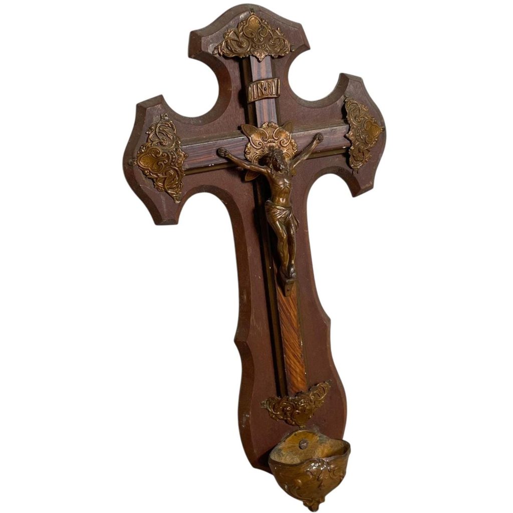 Vintage French Crucifix Catholic Jesus On The Cross Font Religious Wall Hanging circa 1950-60's