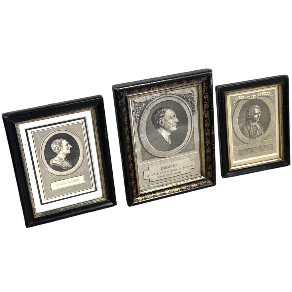 Antique French Rousseau Diderot Montesquieu Collection Author Prints In Wooden Glass Fronted Frames Wall Hanging Decorative c1900's