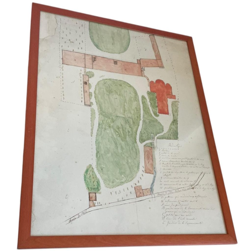 Antique French Building Garden Land Plans Later Framed In Wooden Glass Fronted Frame Wall Hanging Decorative c1920's