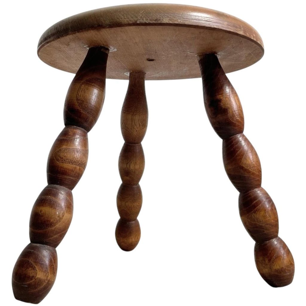 Stool Vintage French Chair Seat Wooden Milking Kitchen Table Round Shaped Seat Bobbin Leg Plant Stand Plinth Tabouret c1950-60's