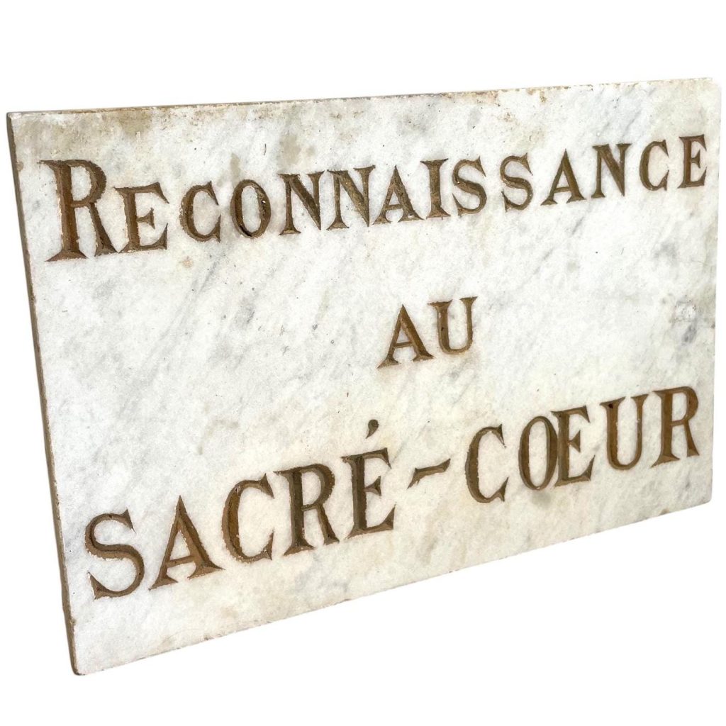 Antique French Original Church Cathedral Stone Plaque Reconnaissance Au Sacre-Coeur Catholic Sign c1920's