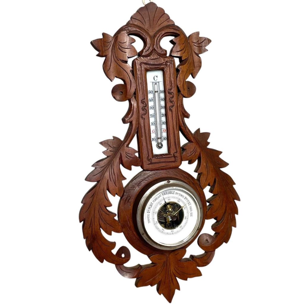 Vintage French Ornately Carved Wooden Back Metal Wood Barometer Barometre Weather Forecasting Instrument Hanging Wall c1950's