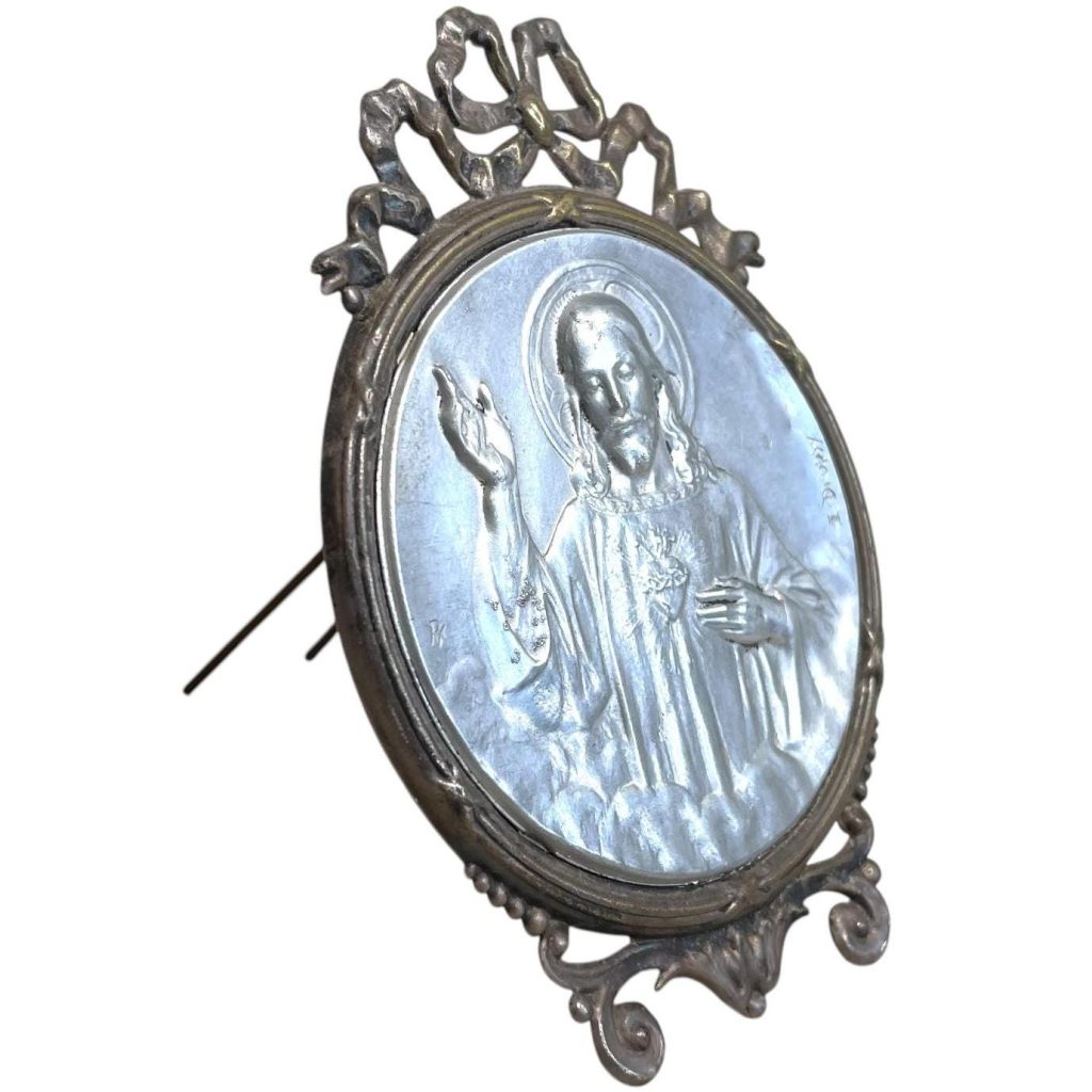 Vintage French Small Idol Catholic Jesus Standing Sacre Cour Sacred Heart Ornament Desktop Brass Silver circa 1950-60's