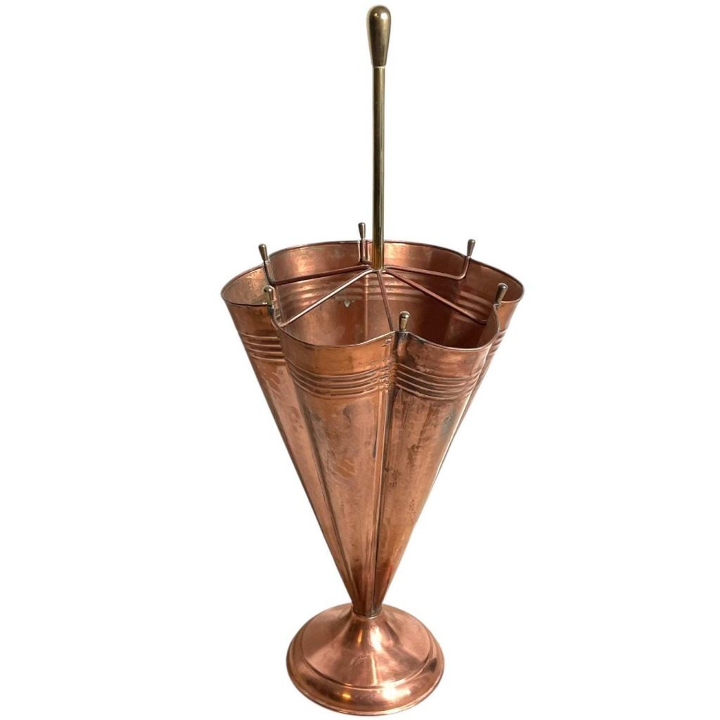 Vintage French Copper Brass Metal Umbrella Walking Stick Stand Storage Pot Container Hallway Entryway circa 1970-80's