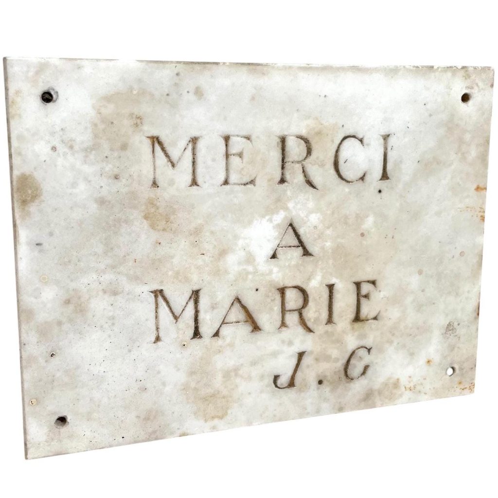 Antique French Original Church Cathedral Stone Plaque Collection Thanks Merci A Marie J.C. Catholic Sign Display c1920's