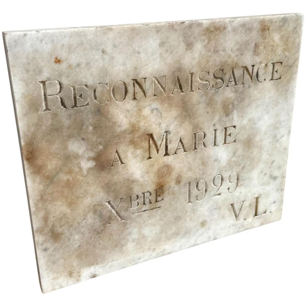 Antique French Original Church Cathedral Stone Plaque Reconnaissance A Marie Xbre 1929 V.L. Catholic Sign c1929