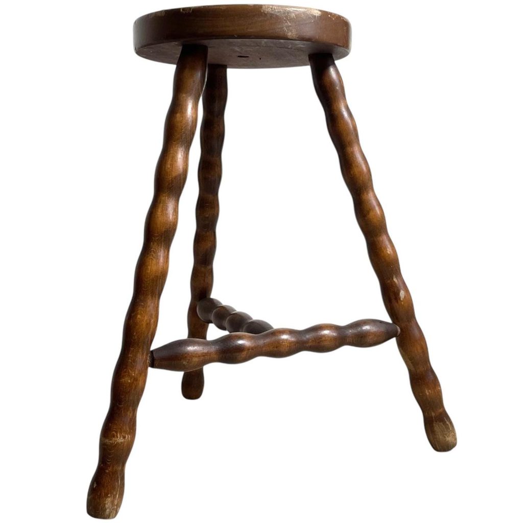 Vintage French Milking Stool Wooden Bobbin Leg Braced Round Shaped Seat Step Stand Table Rustic Rural Tabouret Farmhouse c1950-60's