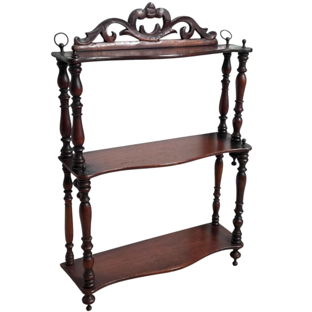 Antique French Wood Wooden Dark Brown Natural Wood Small Three Shelf Shelving Wall Stand Display Plinth Turned Ornate c1910's