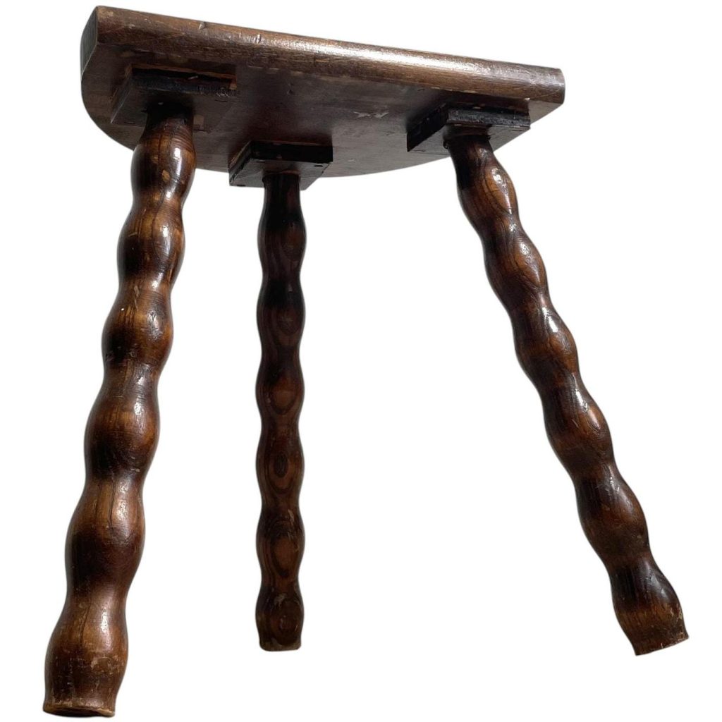 Vintage French Tripod Plinth Stand Table Varnished Wood D Shaped Top Bobbin Leg Rest Tabouret Farmhouse c1970's