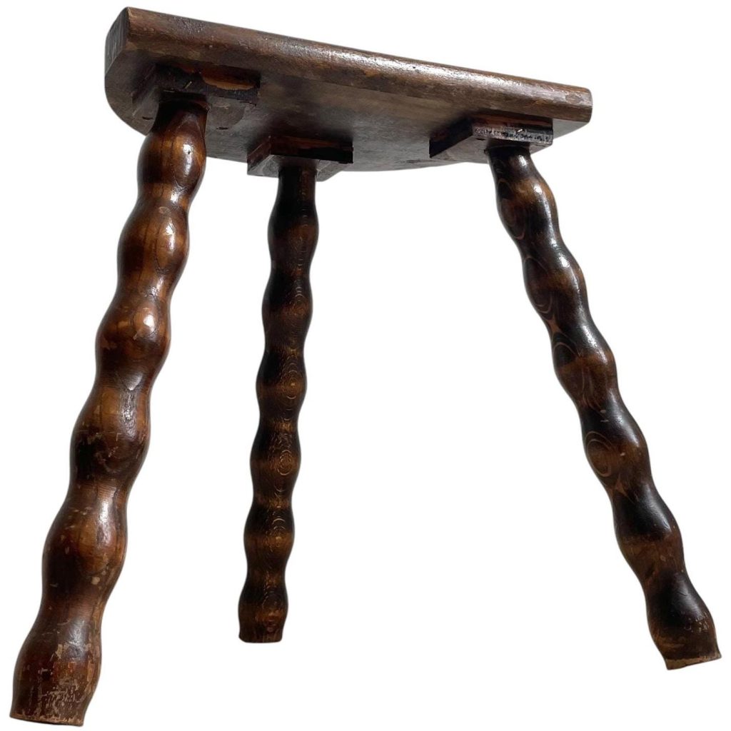 Vintage French Tripod Plinth Stand Table Varnished Wood D Shaped Top Bobbin Leg Rest Tabouret Farmhouse c1970's