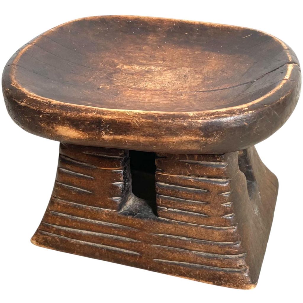 Vintage African Hand Carved Wooden Brown Wood Small Milking Stool Chair Stand Display Foot Rest Plinth Seating DAMAGED c1960-70's