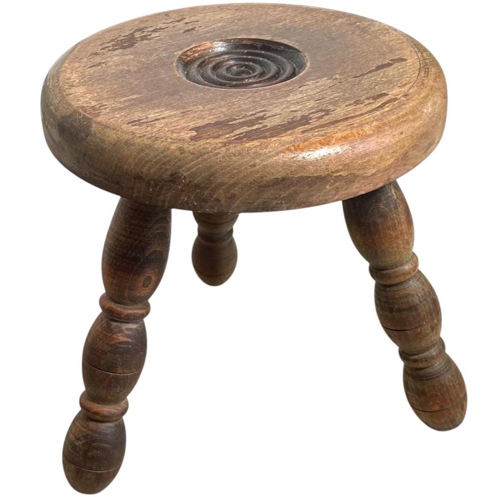 Vintage French Small Milking Stool Wooden Bobbin Leg Foot Rest Round Seat Step Stand Table Rustic Rural Tabouret circa 1950-60's