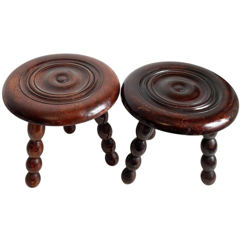 Vintage French Tripod Plinth Stand Table Varnished Wood Round Shaped Top Bobbin Leg Rest Tabouret Farmhouse c1950's