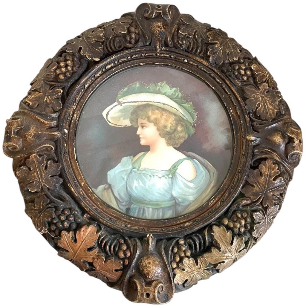 Antique French Portrait Painting OR Print Framed "Ecole Francaise" Lady In Hat Style Paper Mache Frame On Canvas circa 1900's