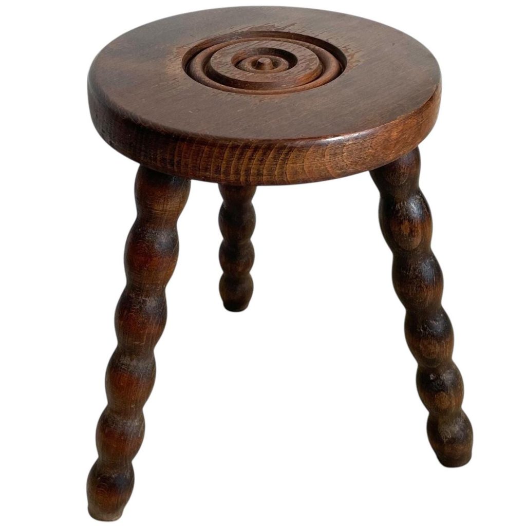 Vintage French Stool Chair Seat Wooden Milking Kitchen Round Shaped Seat Bobbin Leg Plant Rest Stand Plinth Tabouret c1960-70's