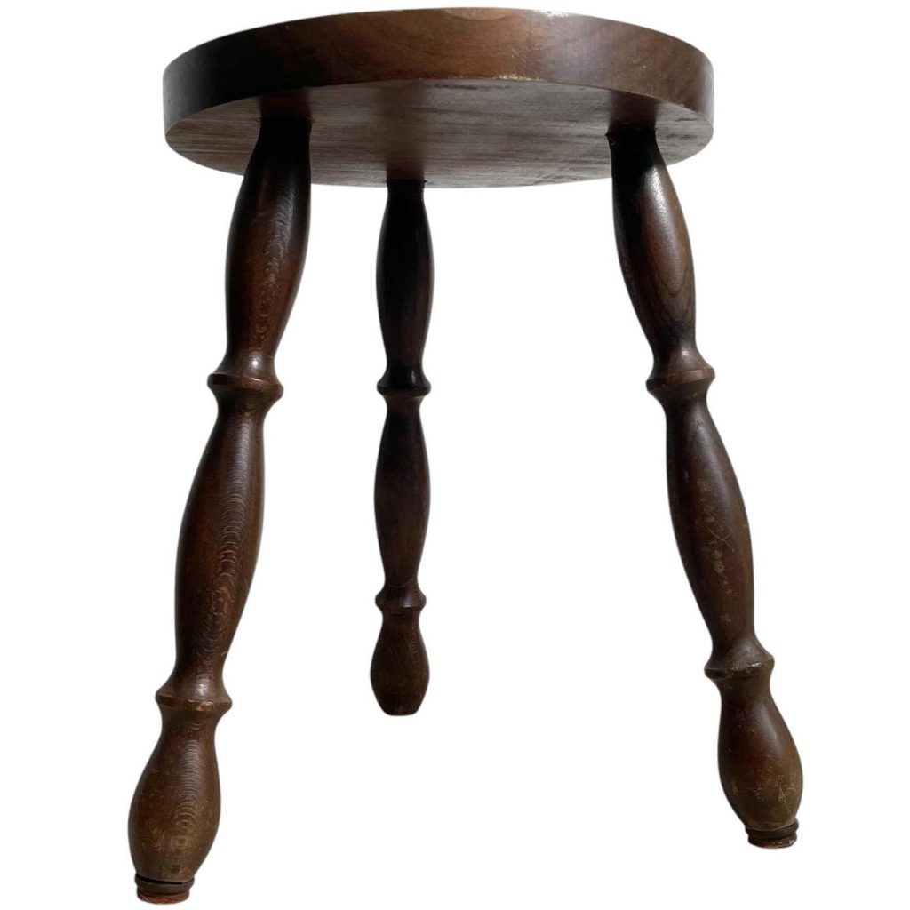 Vintage French Tripod Plinth Stand Table Varnished Wood Round Shaped Top Bobbin Leg Rest Tabouret Farmhouse c1960-70's