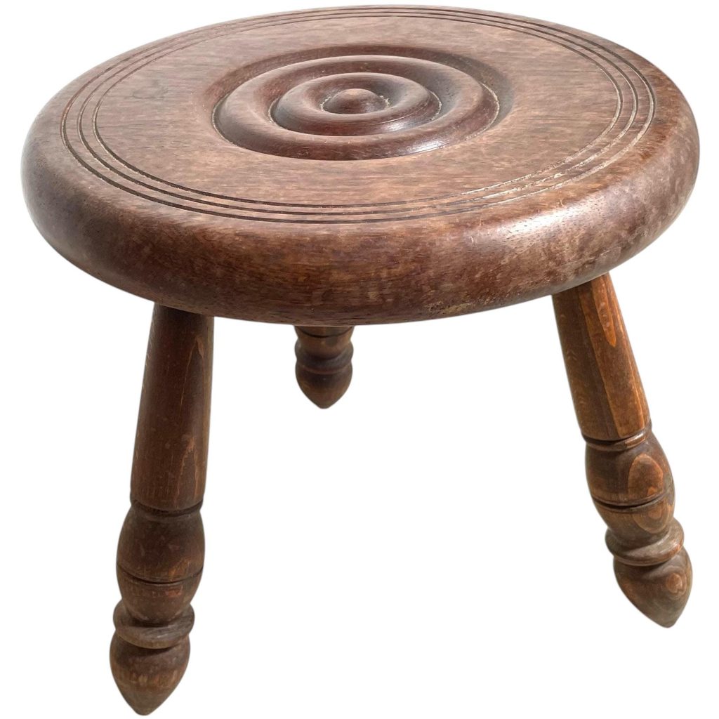 Vintage French Breton Brittany Tripod Plinth Stand Table Varnished Wood Round Shaped Top Bobbin Leg Rest Tabouret Farmhouse c1950-60's