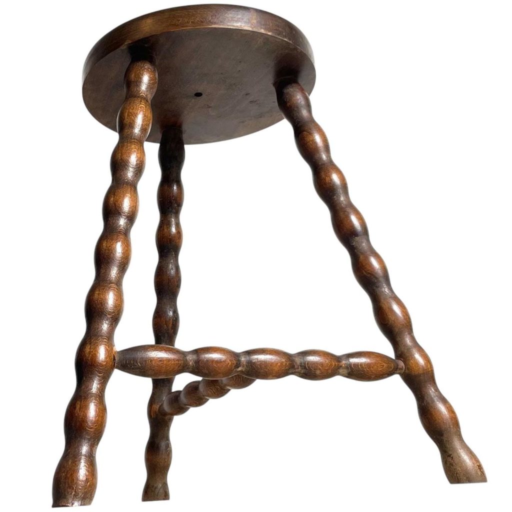 Vintage French Milking Stool Wooden Bobbin Leg Braced Round Shaped Seat Step Stand Table Rustic Rural Tabouret Farmhouse c1950-60's