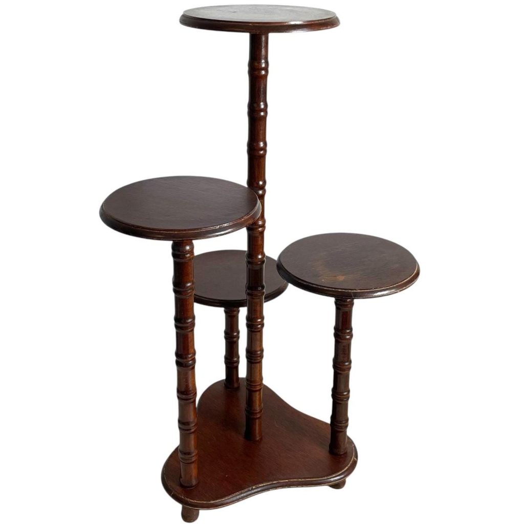 Vintage French Tall Four Plinth Plant Stand Table Varnished Wood Round Shaped Rest Tabouret c1970-80's