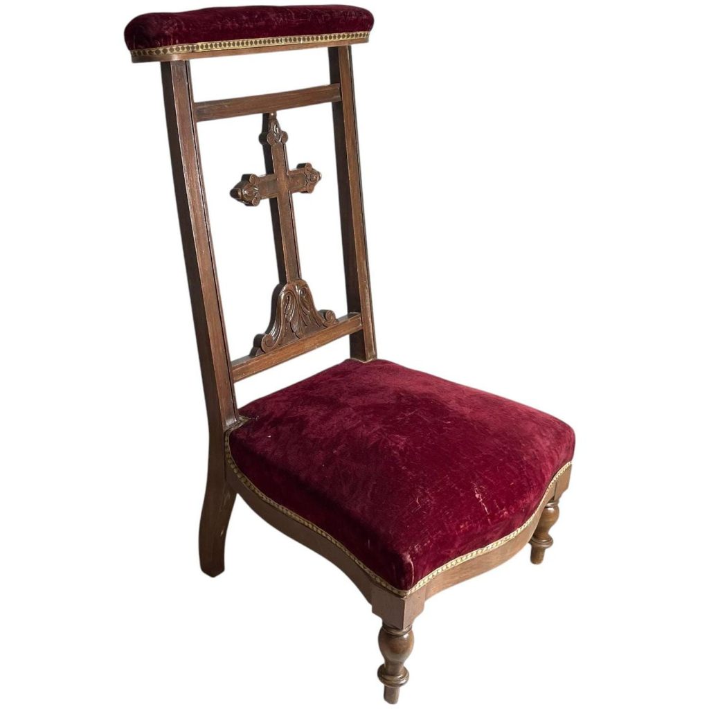 Antique French Prayer Chair Kneeler Cushioned Chair Wooden Bergundy Red Upholstery Rest Seating DAMAGED Project c1900's