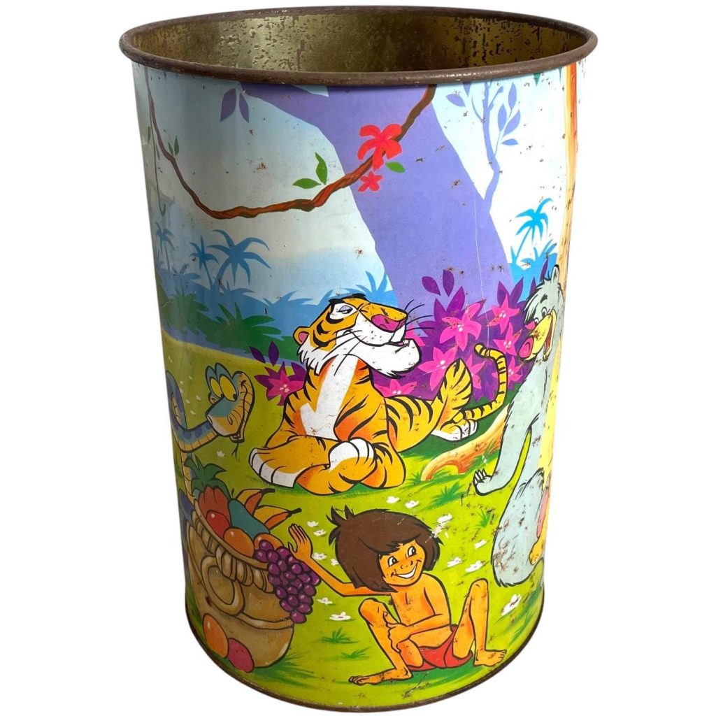 Vintage French Lever Jungle Book Rusty Metal Decorated Waste Paper Office Bin Wastepaper Trash Can circa 1970-80's